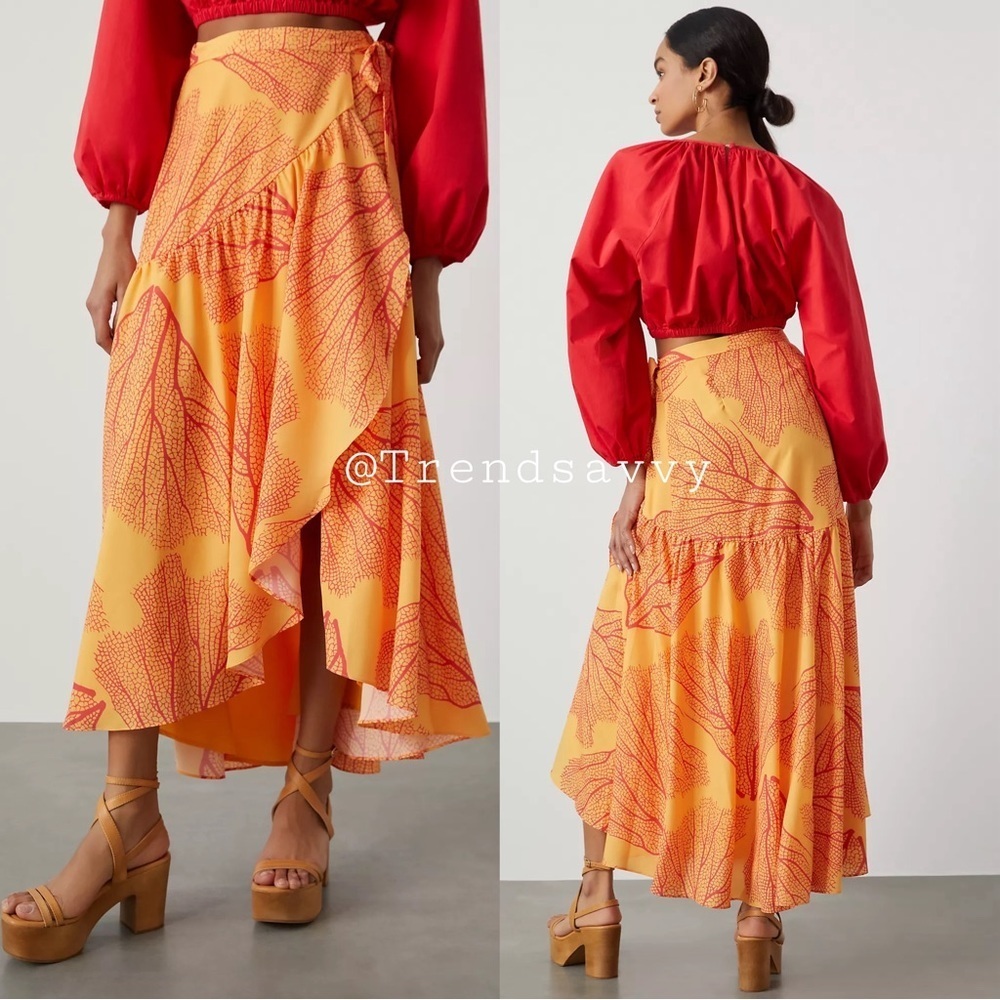 Anthropologie Hutch Orange Leaf Print Wrap Maxi Skirt Small High Low Ruffle Boho